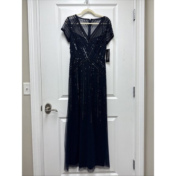Adrianna Papell Womens Size 2 Navy Beaded V Neck Formal Gown Cocktail Dress NWT - Picture 4 of 12
